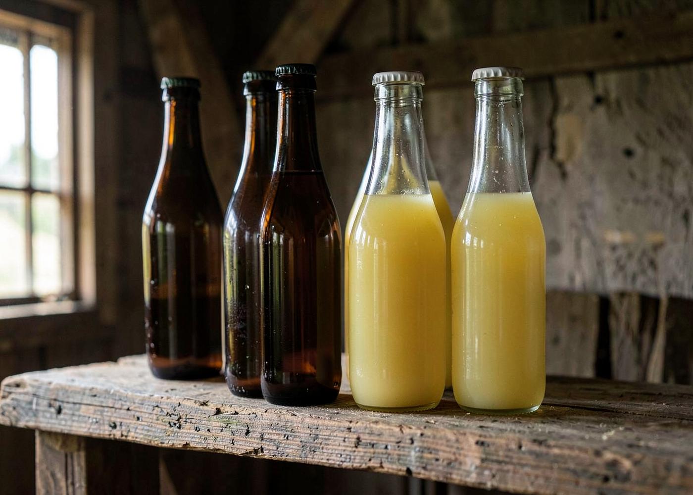 Unlabelled bottles of cider and cloudy apple juice on a wooden shelf