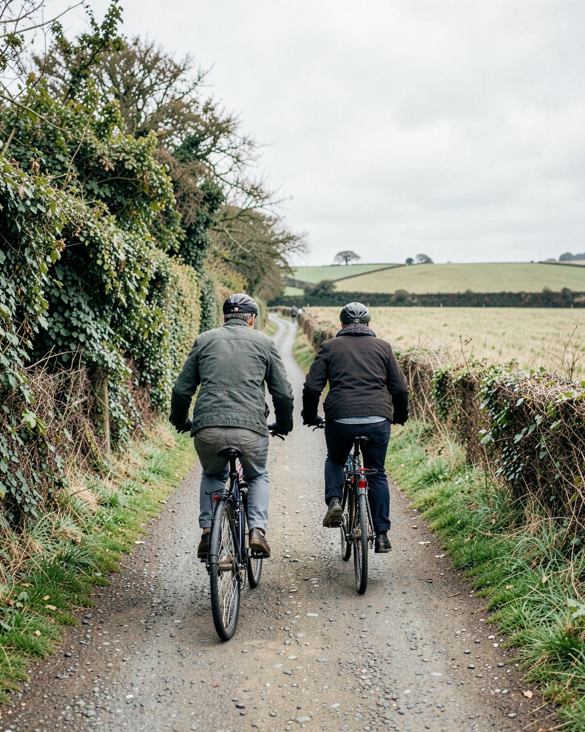 Two cyclists riding along a Cheshire country lane