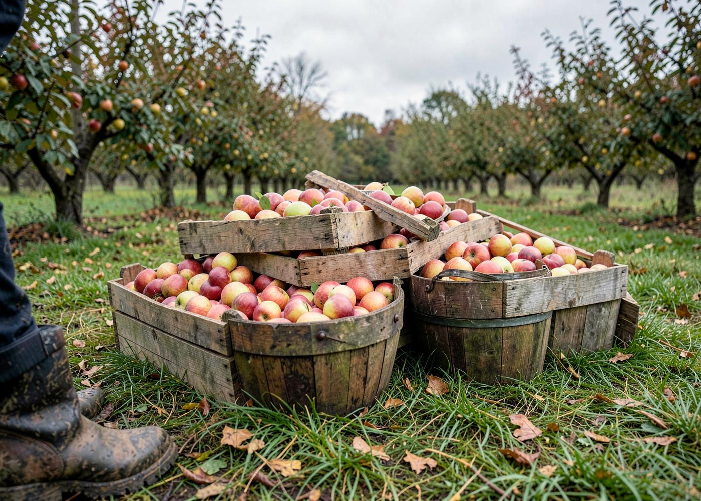 Wooden crates filled with freshly picked apples at harvest