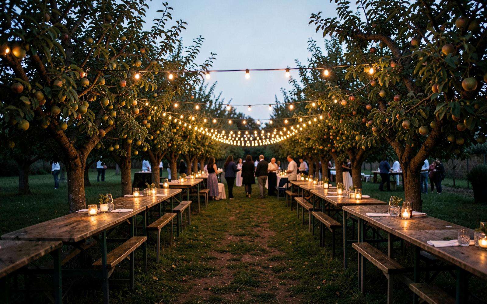 Long tables and festoon lights between the apple trees at dusk