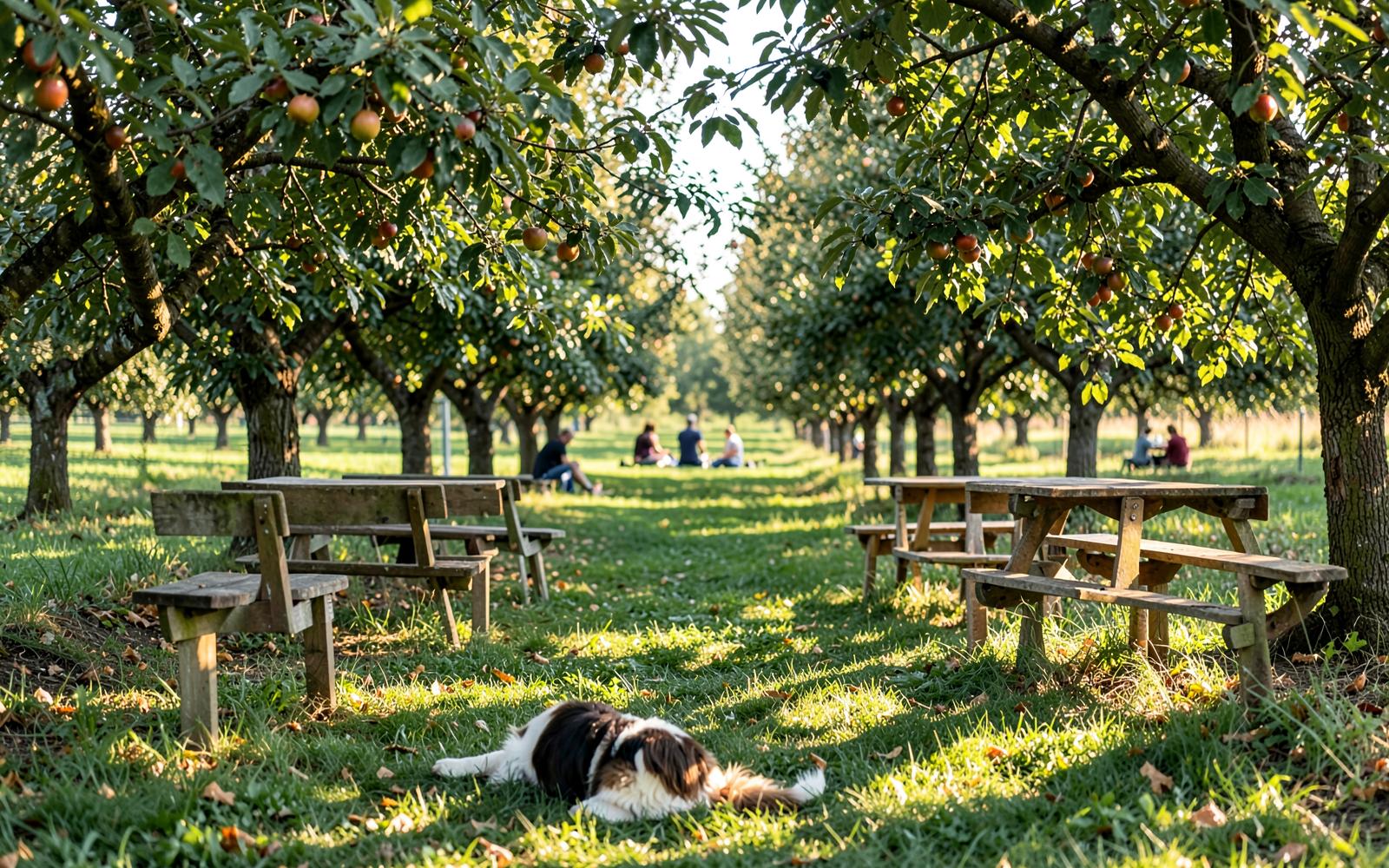 Picnic benches under the apple trees with a dog in the grass