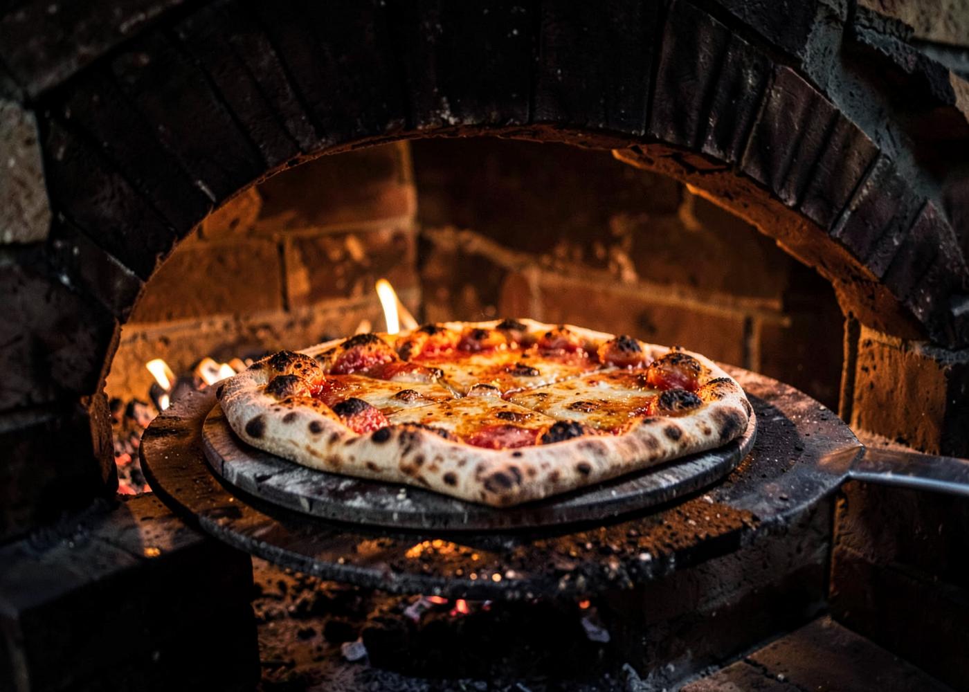 A wood-fired pizza coming out of a brick oven