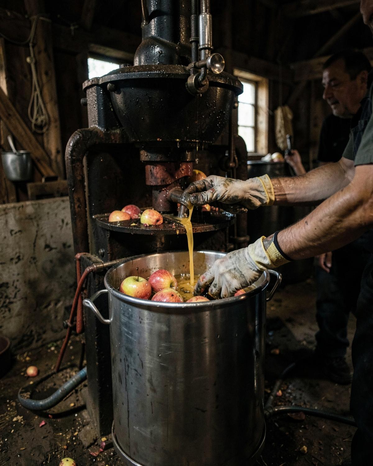 Apples being pressed and juice running into a bucket