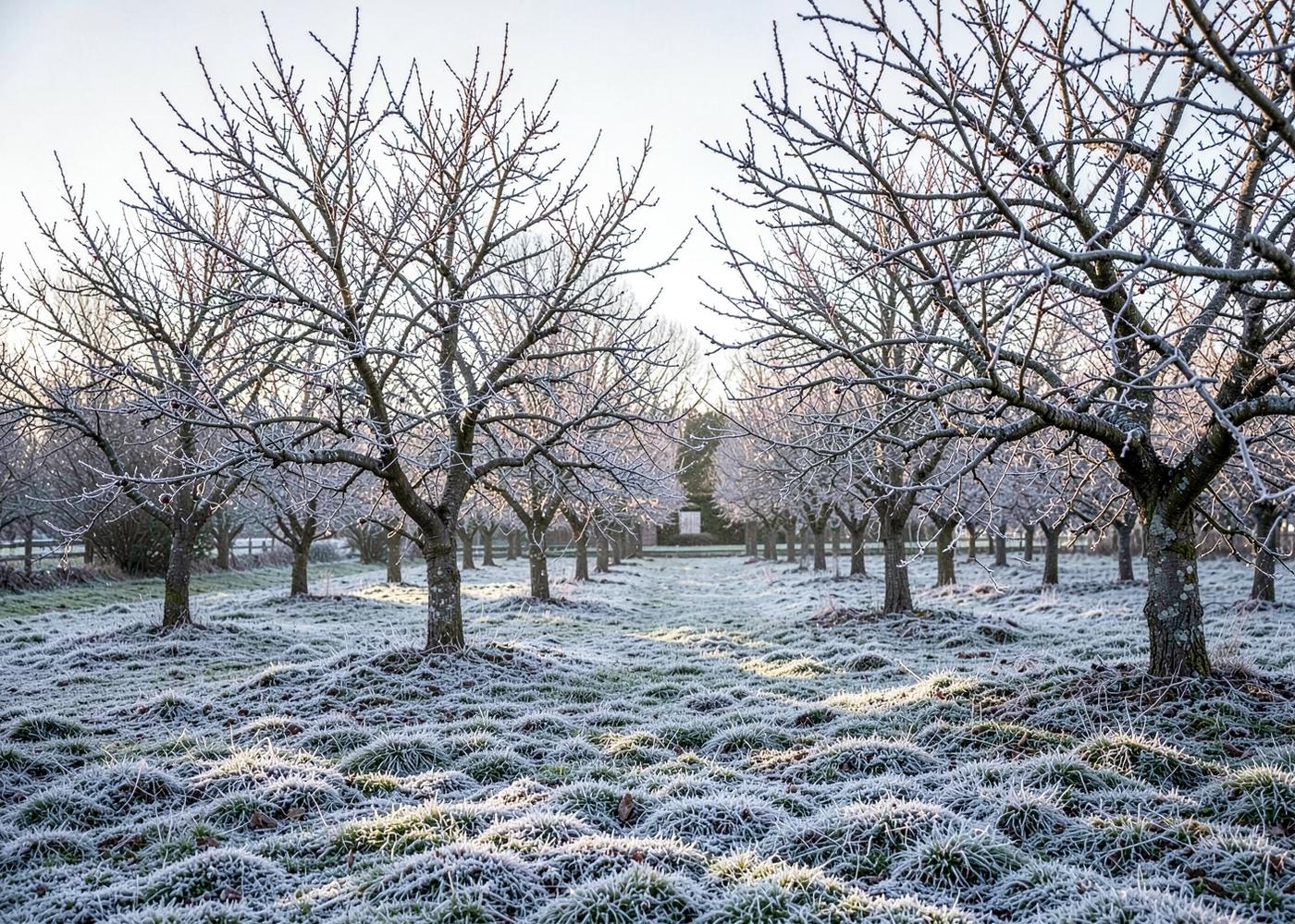 Frosted apple trees on a winter morning